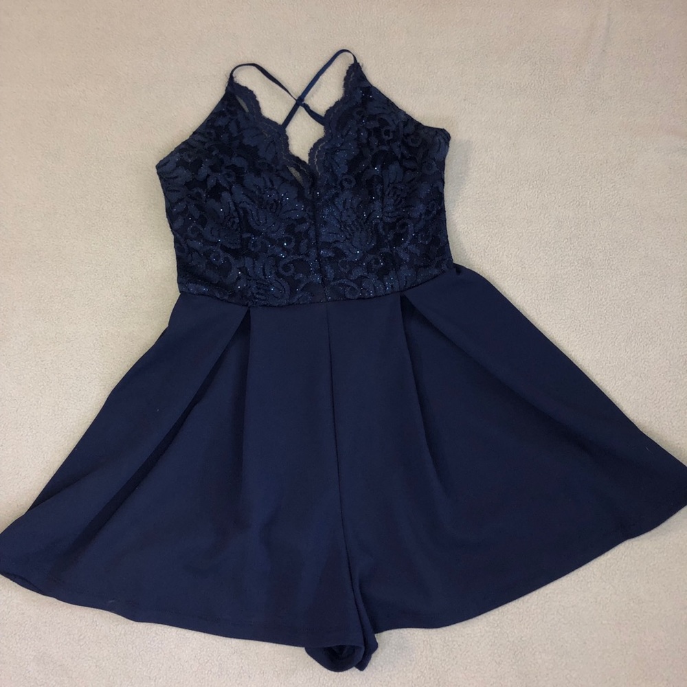 🌚Navy blue lace romper